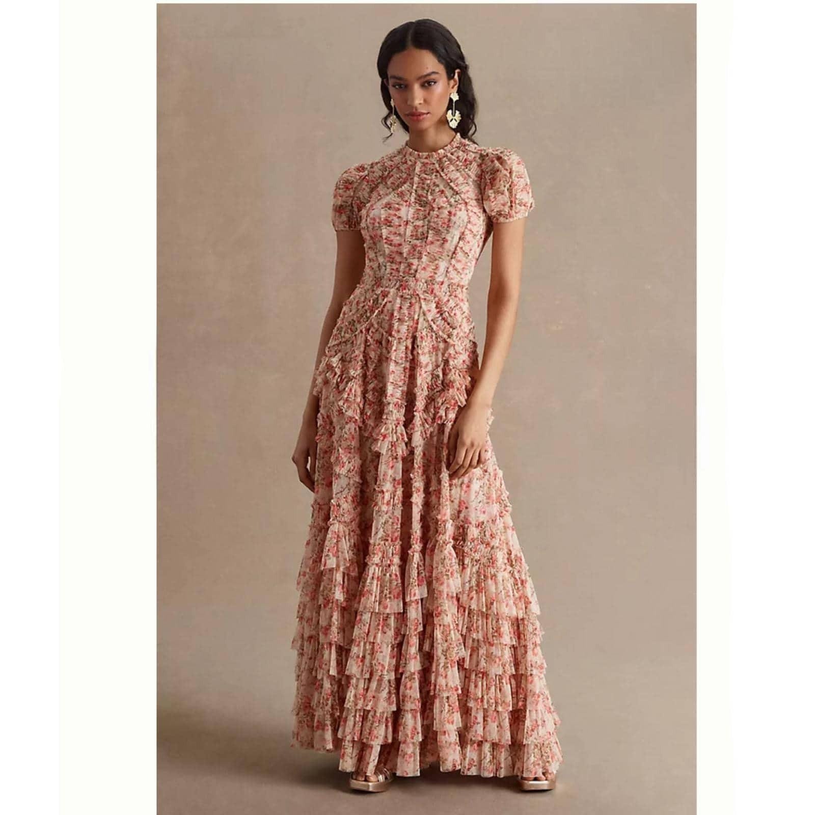 Mac Duggal Maxi Dress Pink Floral Tiered Ruffle Mesh Gown Size 14